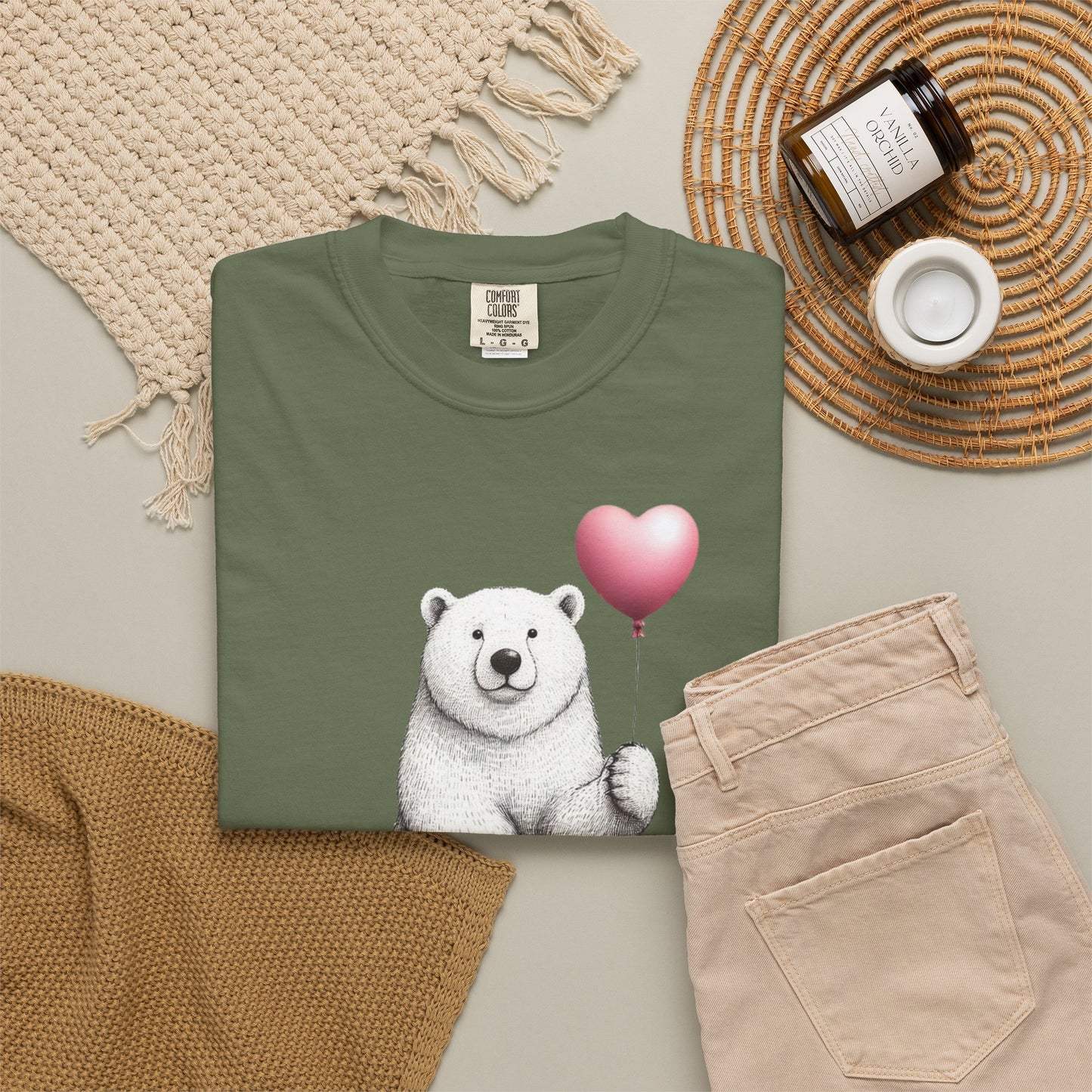 Sketch Polar Bear Heart Balloon Comfort Colors Tee