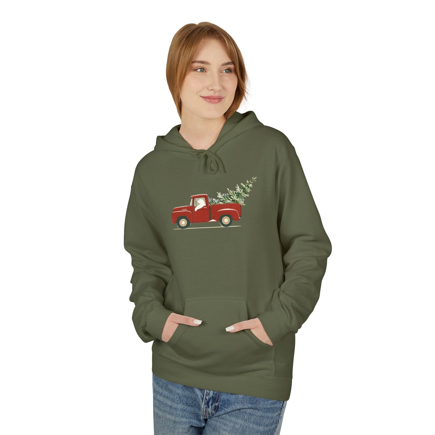Polar Bear Christmas Truck, Cozy Red Vintage Truck Design Midweight Hoodie