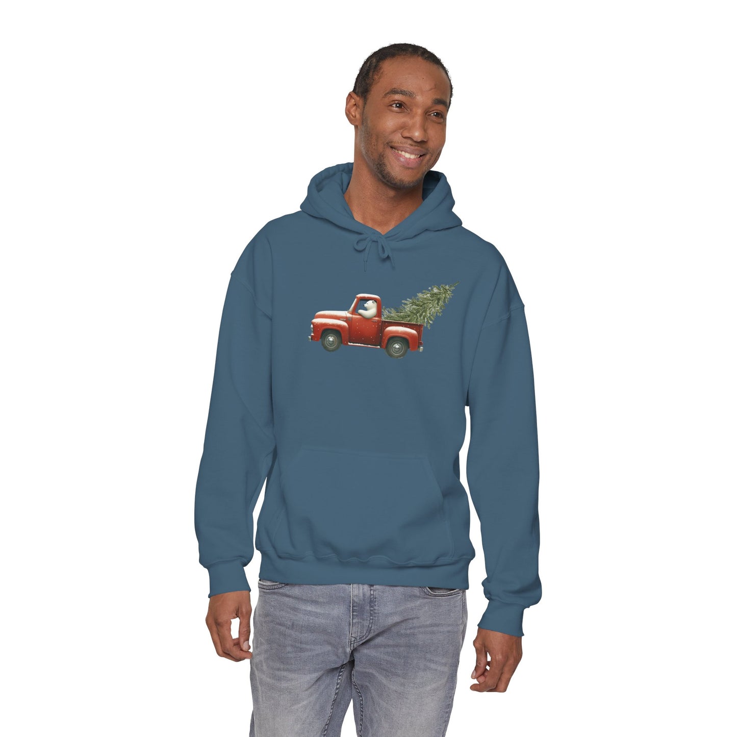 Snowy Christmas Ride, Polar Bear Red Truck Design Heavyweight Hoodie