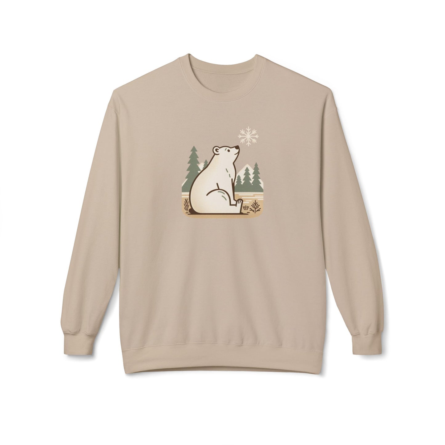 Beige sweatshirt with a graphic of a polar bear and trees on a white background