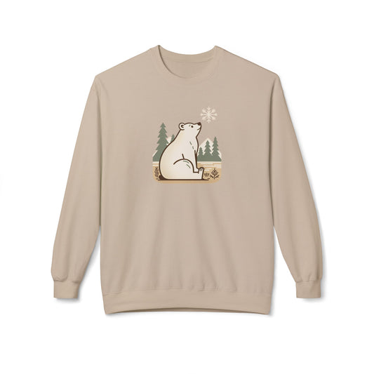 Beige sweatshirt with a graphic of a polar bear and trees on a white background