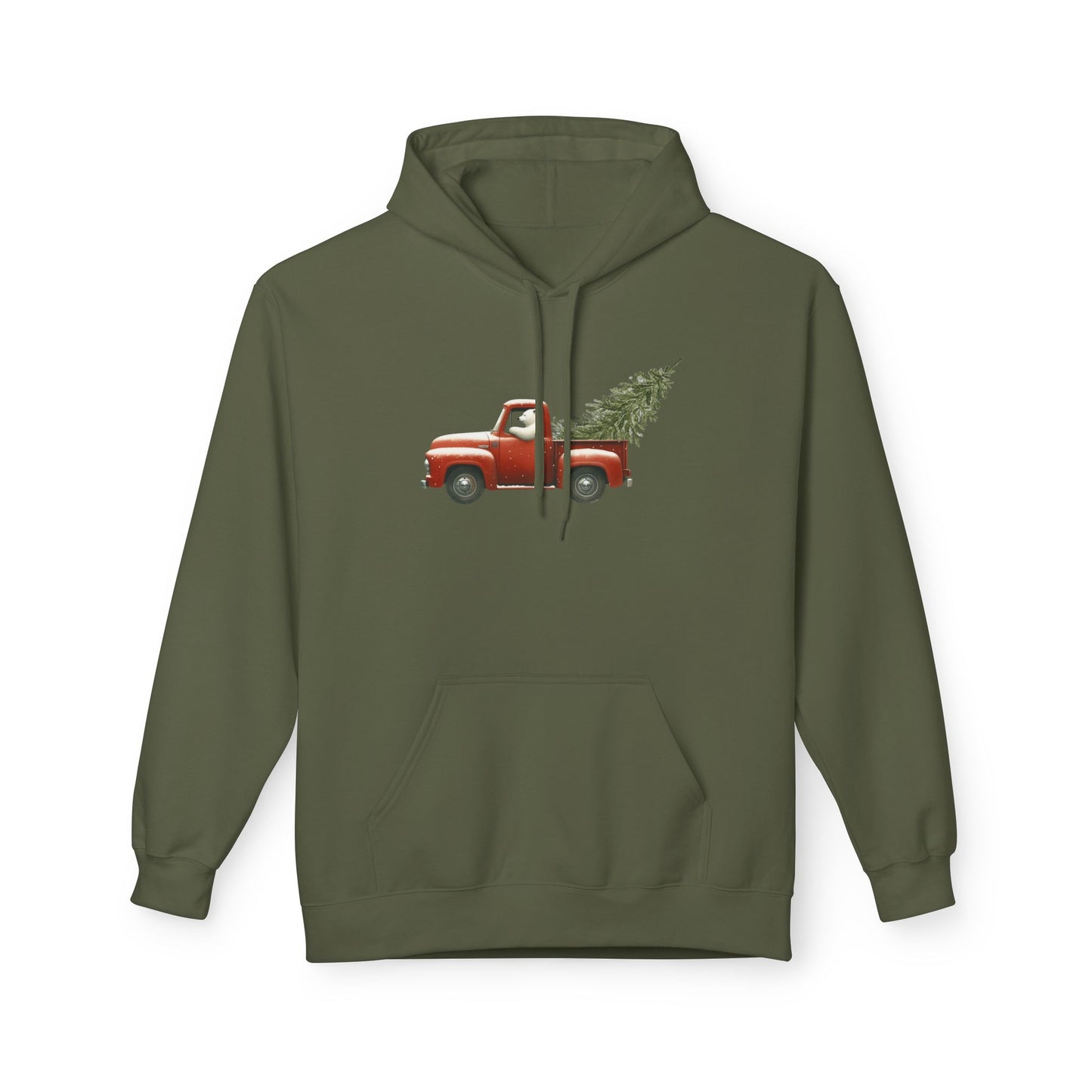 Snowy Christmas Ride, Polar Bear Red Truck Design Midweight Hoodie