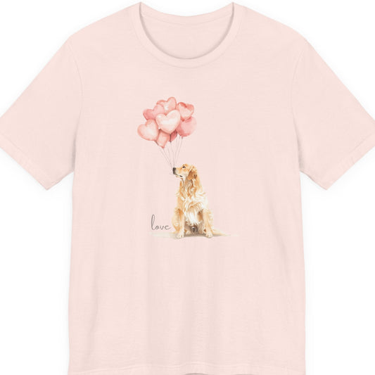 Pink t-shirt with a dog and heart-shaped balloons design on a white background