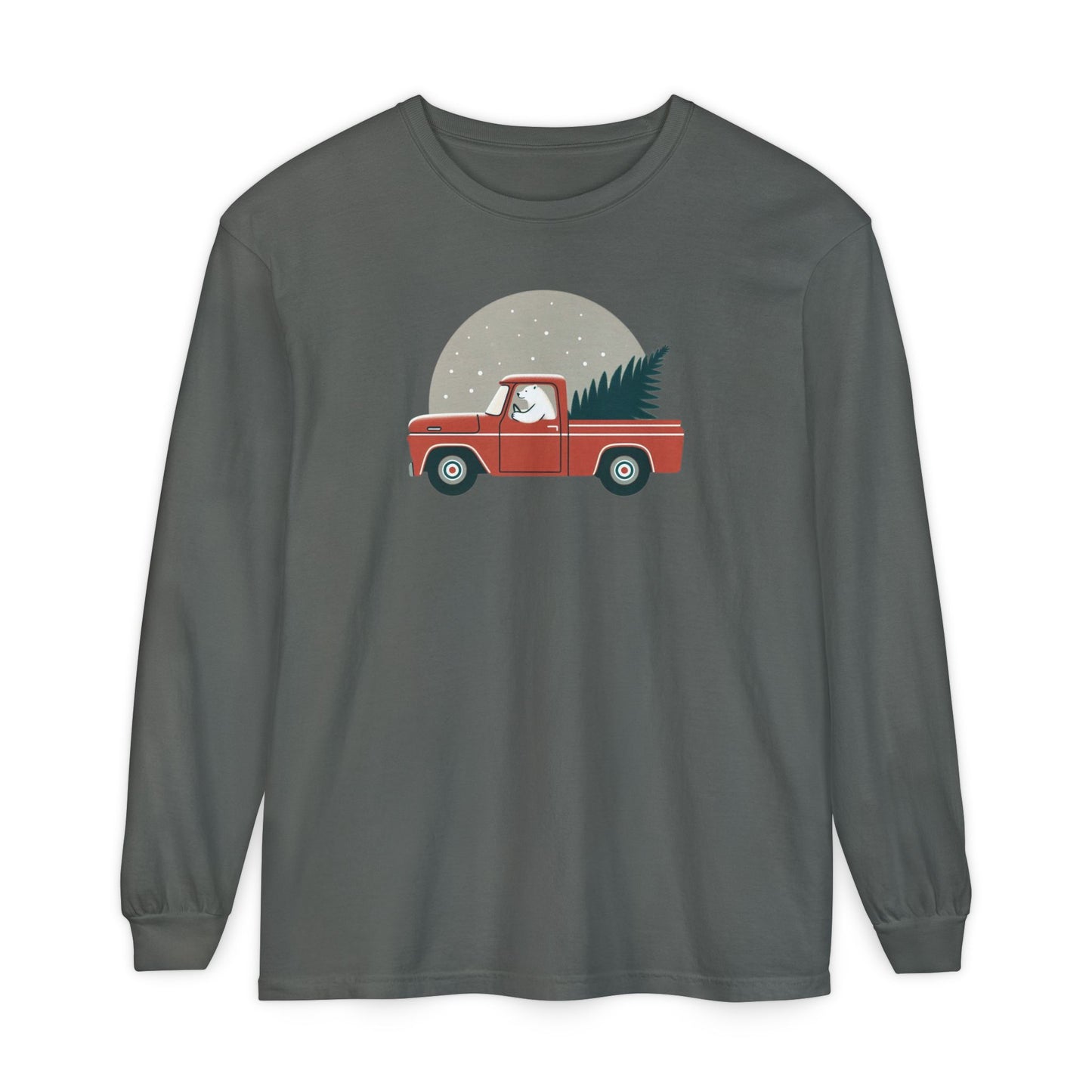 Moonlit Haul, Polar Bear Christmas Truck Design Long Sleeve Comfort Colors