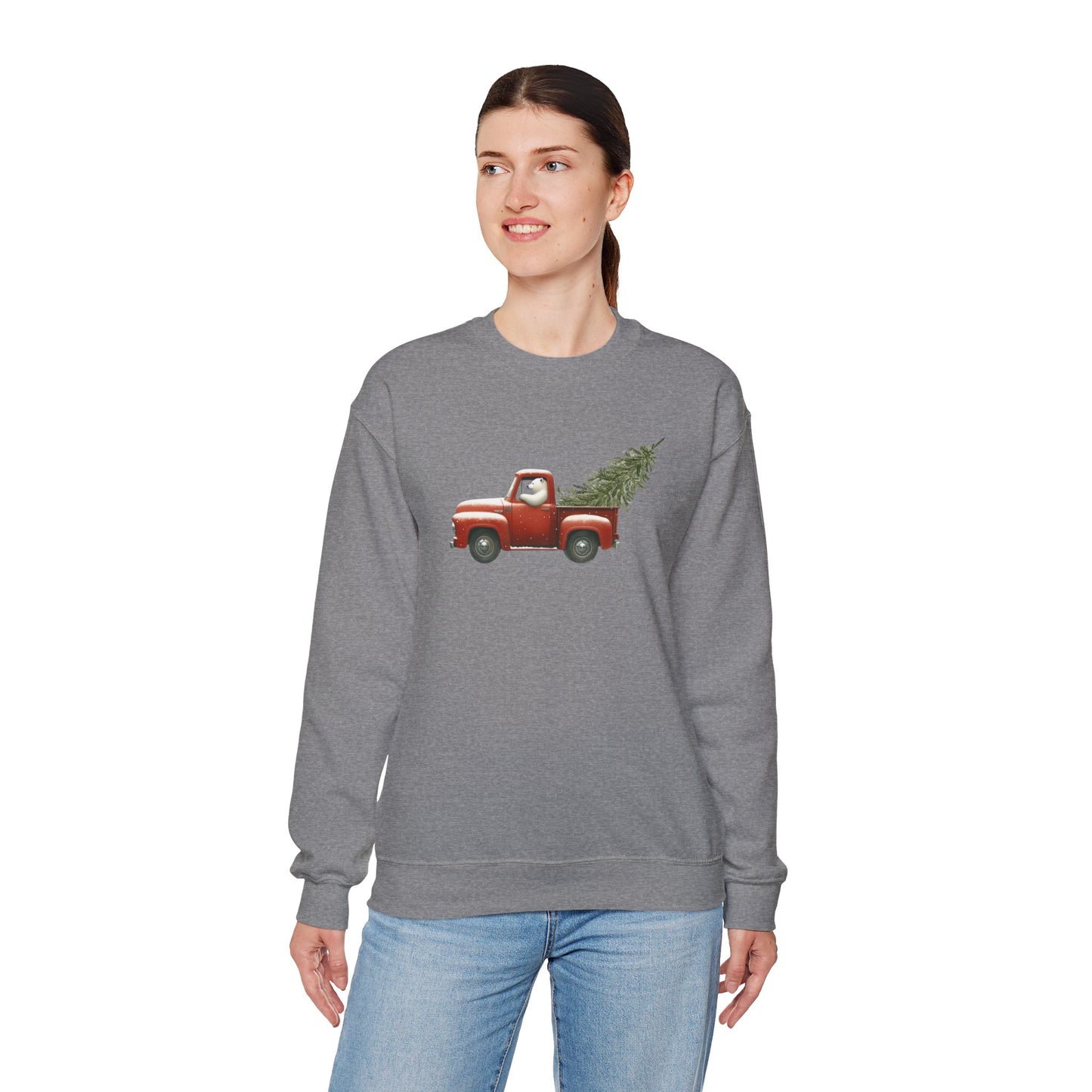 Snowy Christmas Ride, Polar Bear Red Truck Design Sweatshirt