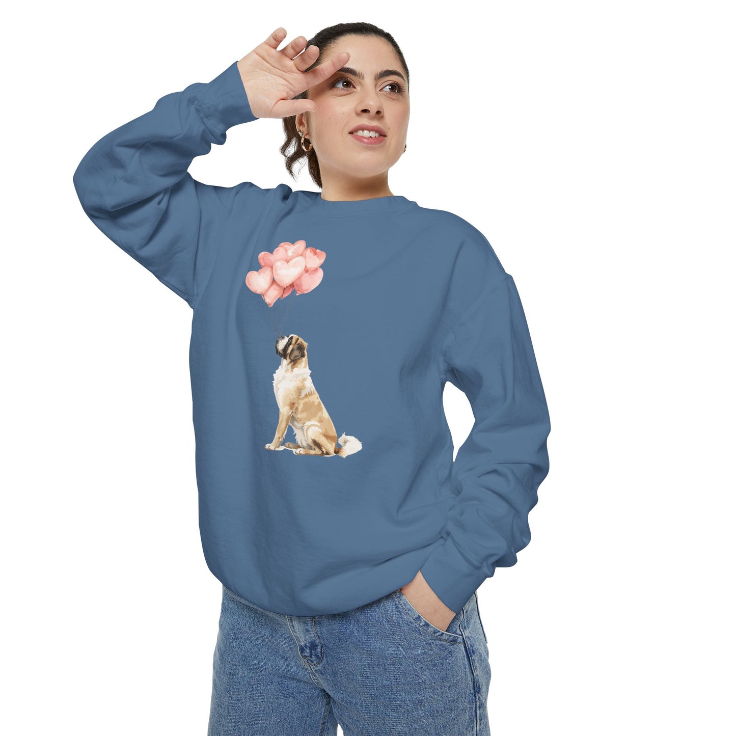 Saint Bernard with Heart Balloons Crewneck Sweatshirt