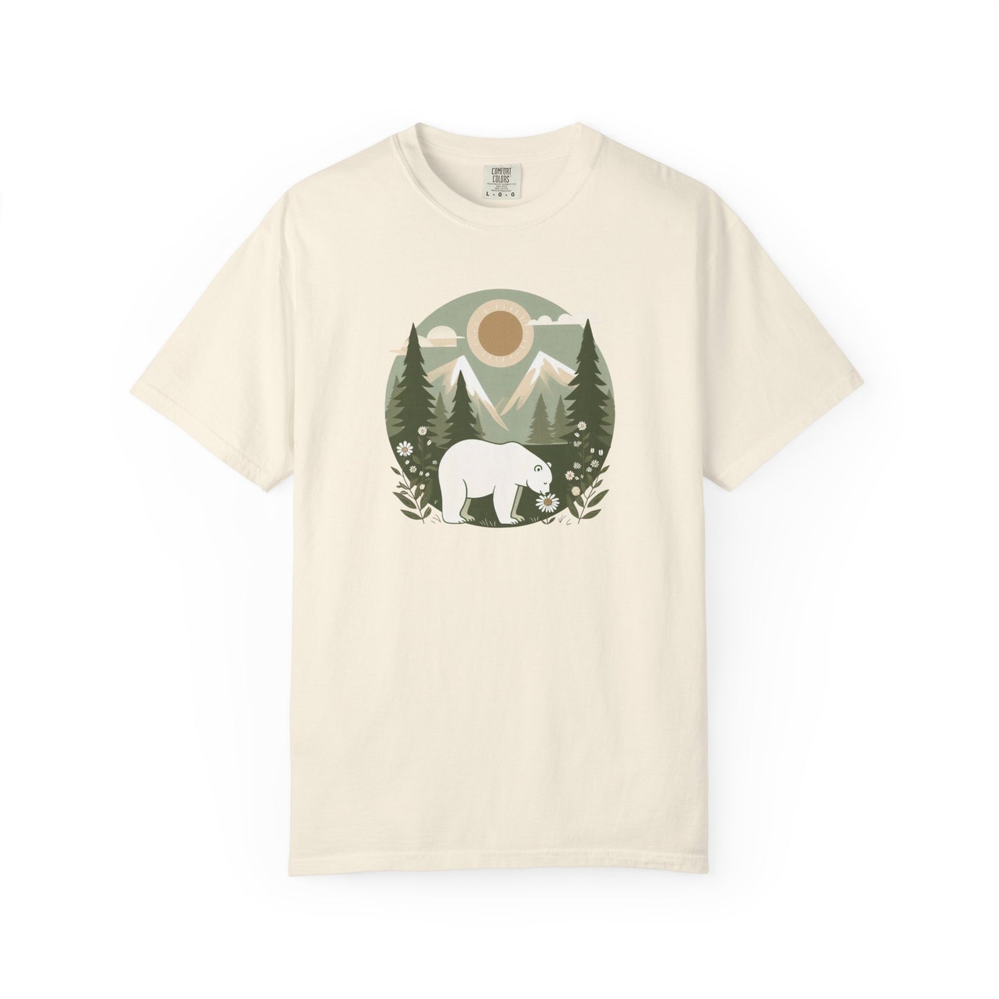 Beige t-shirt with a bear and mountain graphic on a white background