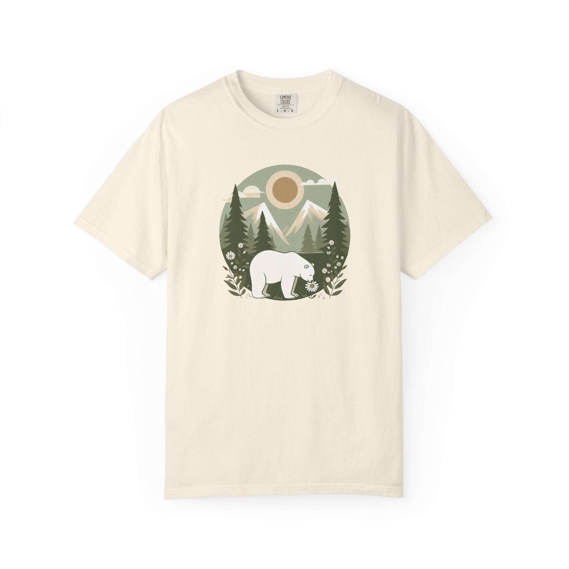 Beige t-shirt with a bear and mountain graphic on a white background