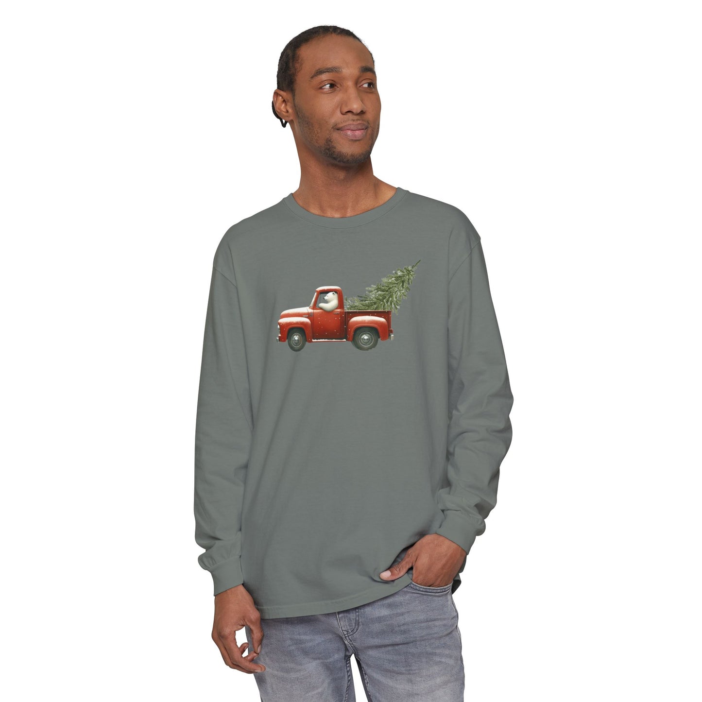 Snowy Christmas Ride, Polar Bear Red Truck Design Long Sleeve Tee