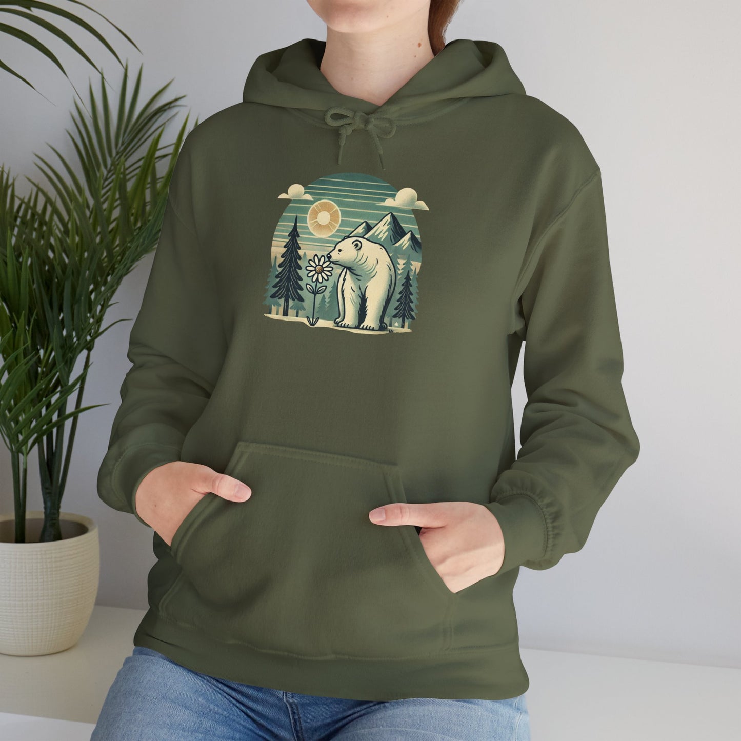 Peaceful Wild Polar Bear Hoodie, Mountain Nature Graphic Heavyweight Sweatshirt