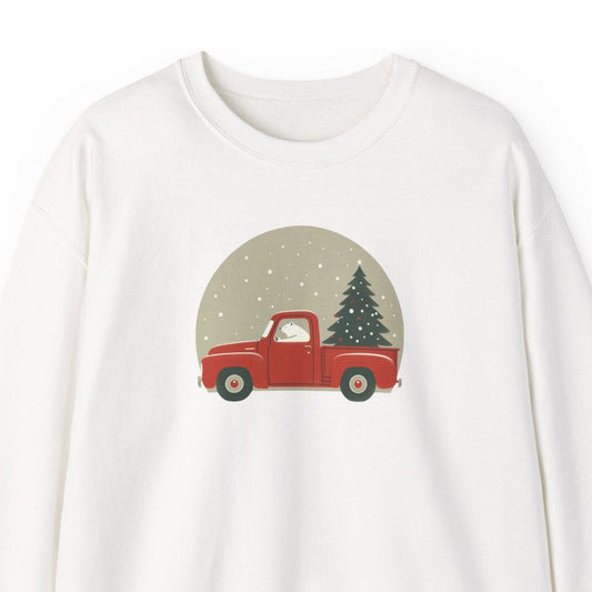 White sweatshirt with a red truck and Christmas tree graphic on a white background