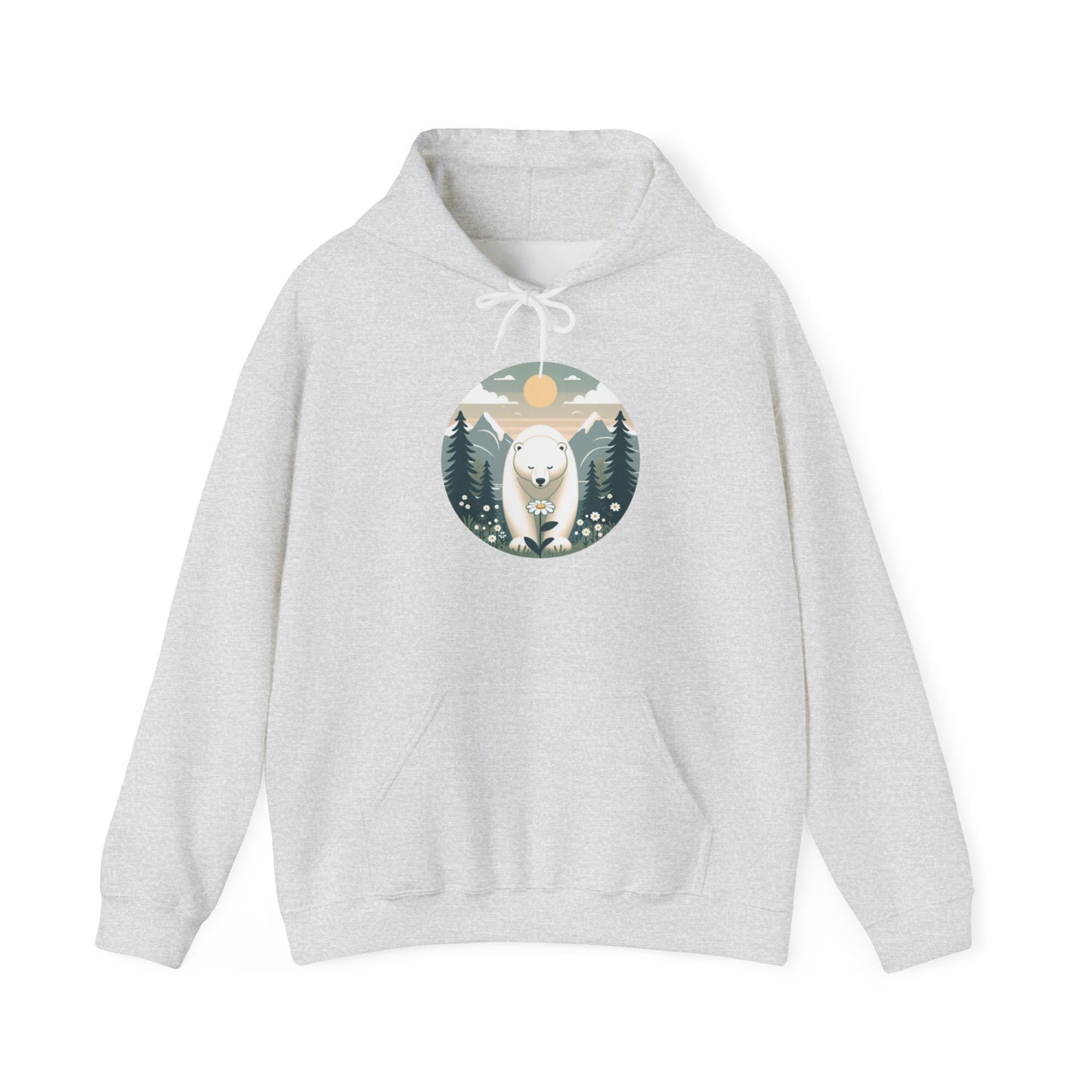 Polar Bear & Wildflower Mountain Hoodie, Heavyweight Cozy Nature Graphic Sweatshirt
