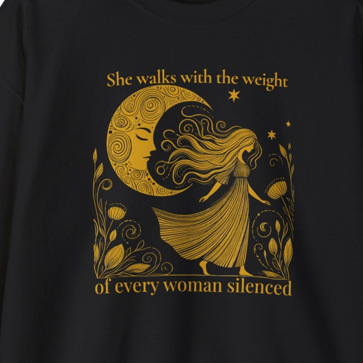 Black sweatshirt with gold graphic and text on a white background