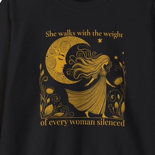Black sweatshirt with gold graphic and text on a white background