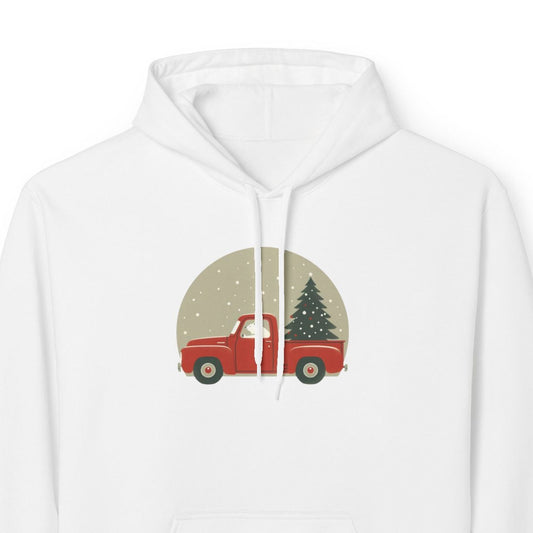 White hoodie with a red truck and Christmas tree design on a white background