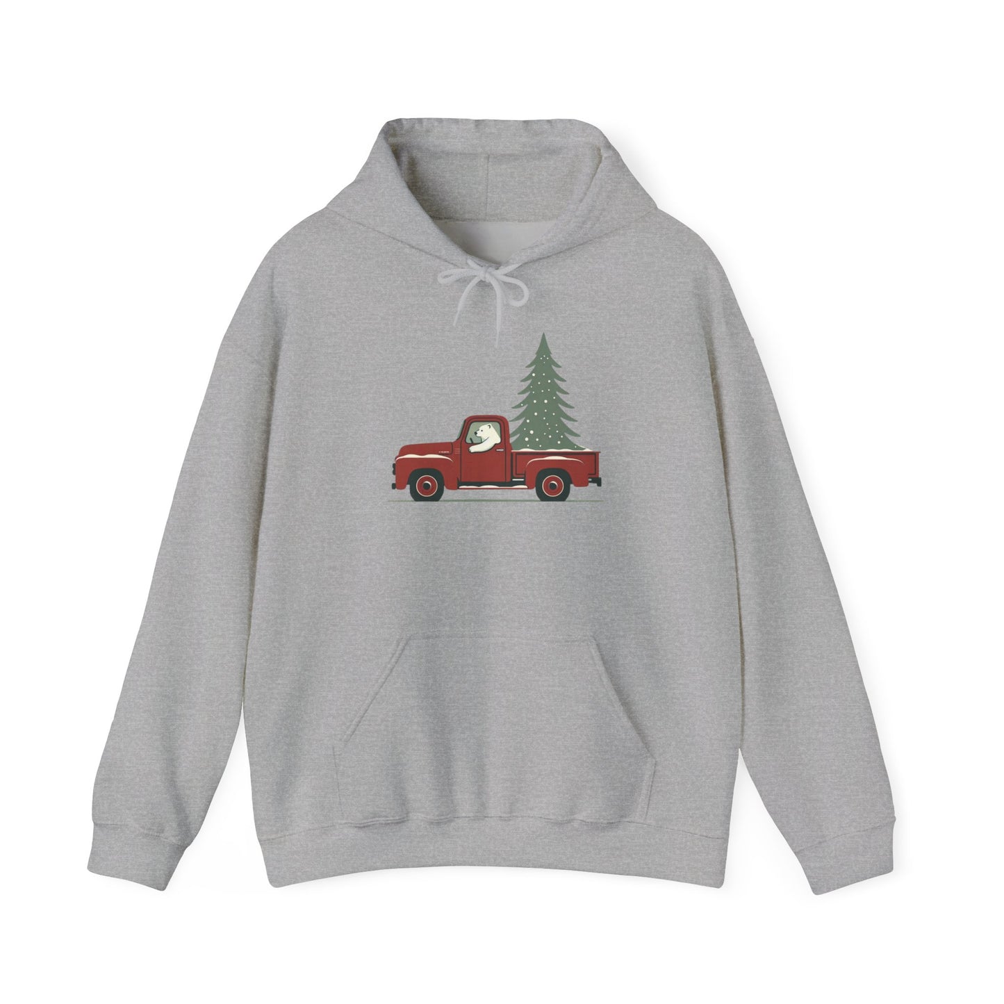 Polar Bear Evergreen Run, Vintage Red Christmas Truck Sweatshirt Heavyweight Hoodie
