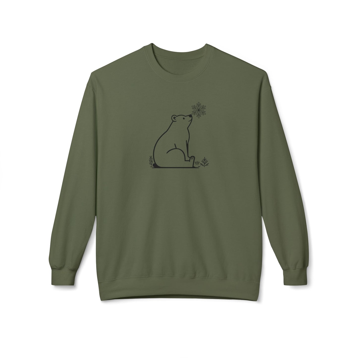 Green sweatshirt with a bear and flower design on a white background