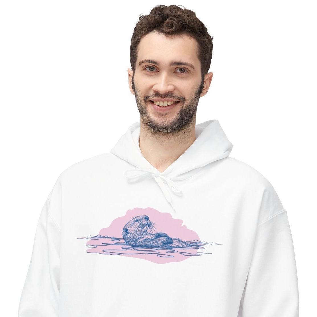 Man wearing a white hoodie with a graphic design on a white background
