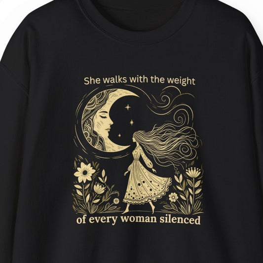 Black sweatshirt with a graphic design and text on a white background