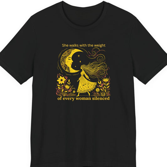 Black t-shirt with yellow graphic and text on a white background