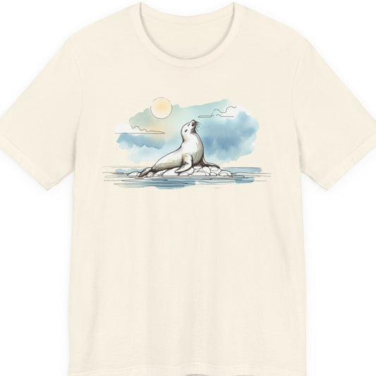 Beige t-shirt with a seal graphic on a white background