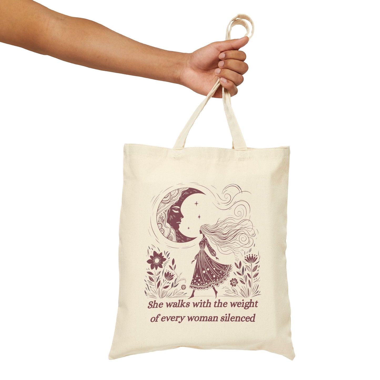 She Walks With the Weight of Every Woman Silenced Tote Bag, Feminist Quote Canvas Tote, Women’s Rights Protest Bag
