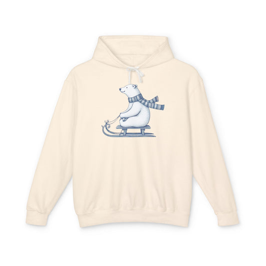 Beige hoodie with a polar bear design on a white background