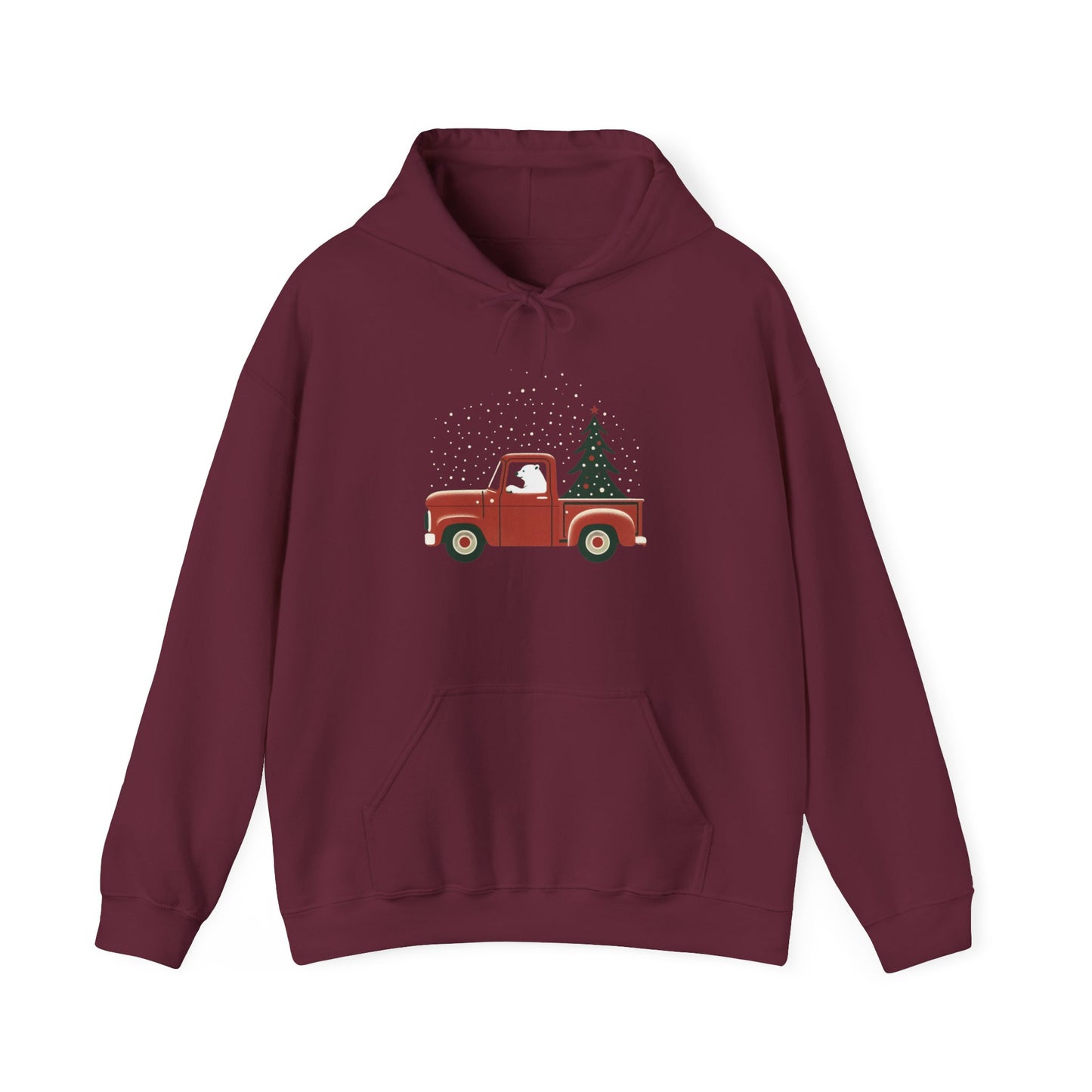 Polar Bear Holiday Haul, Vintage Red Christmas Truck Heavyweight Hoodie