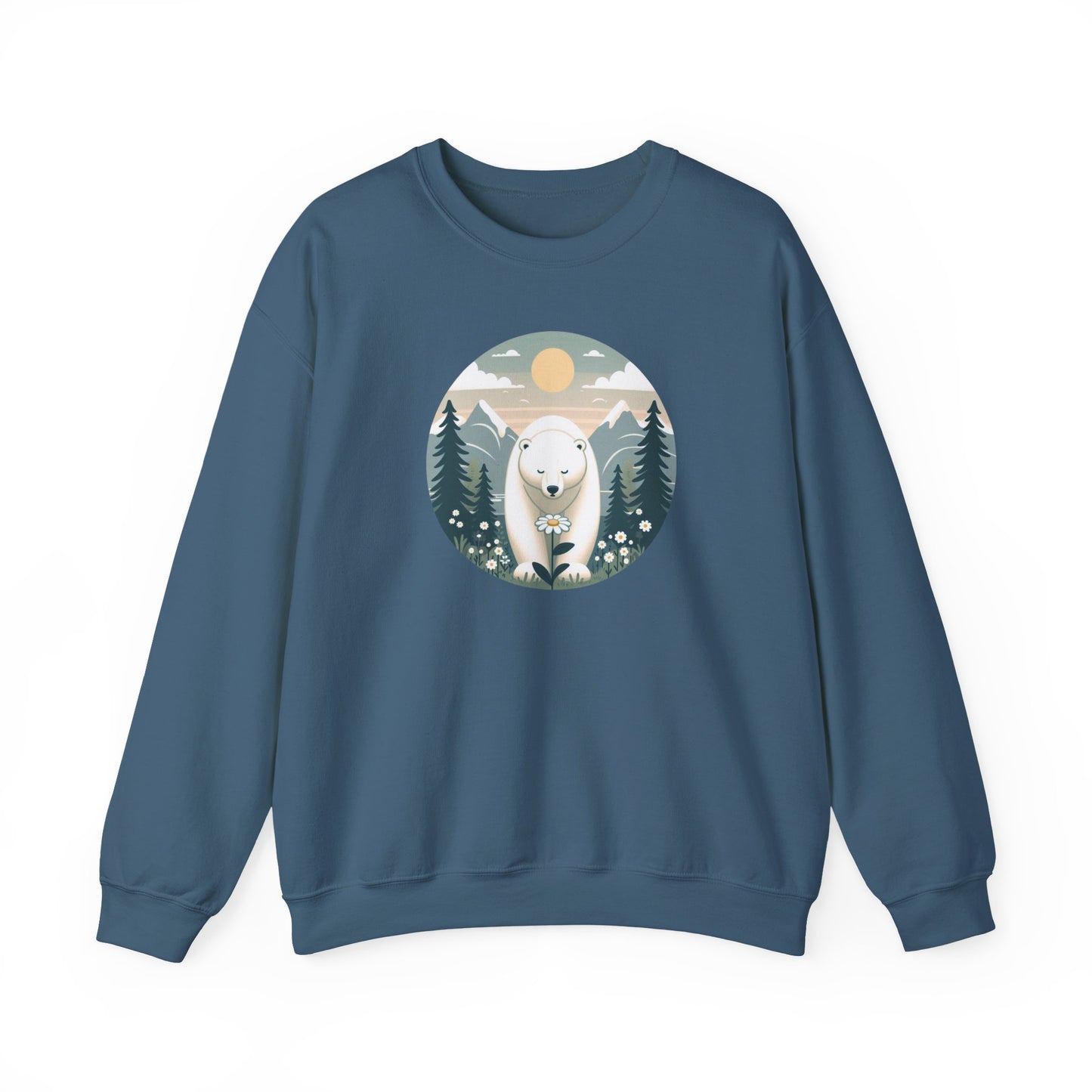 Blue sweatshirt with a bear graphic on a white background