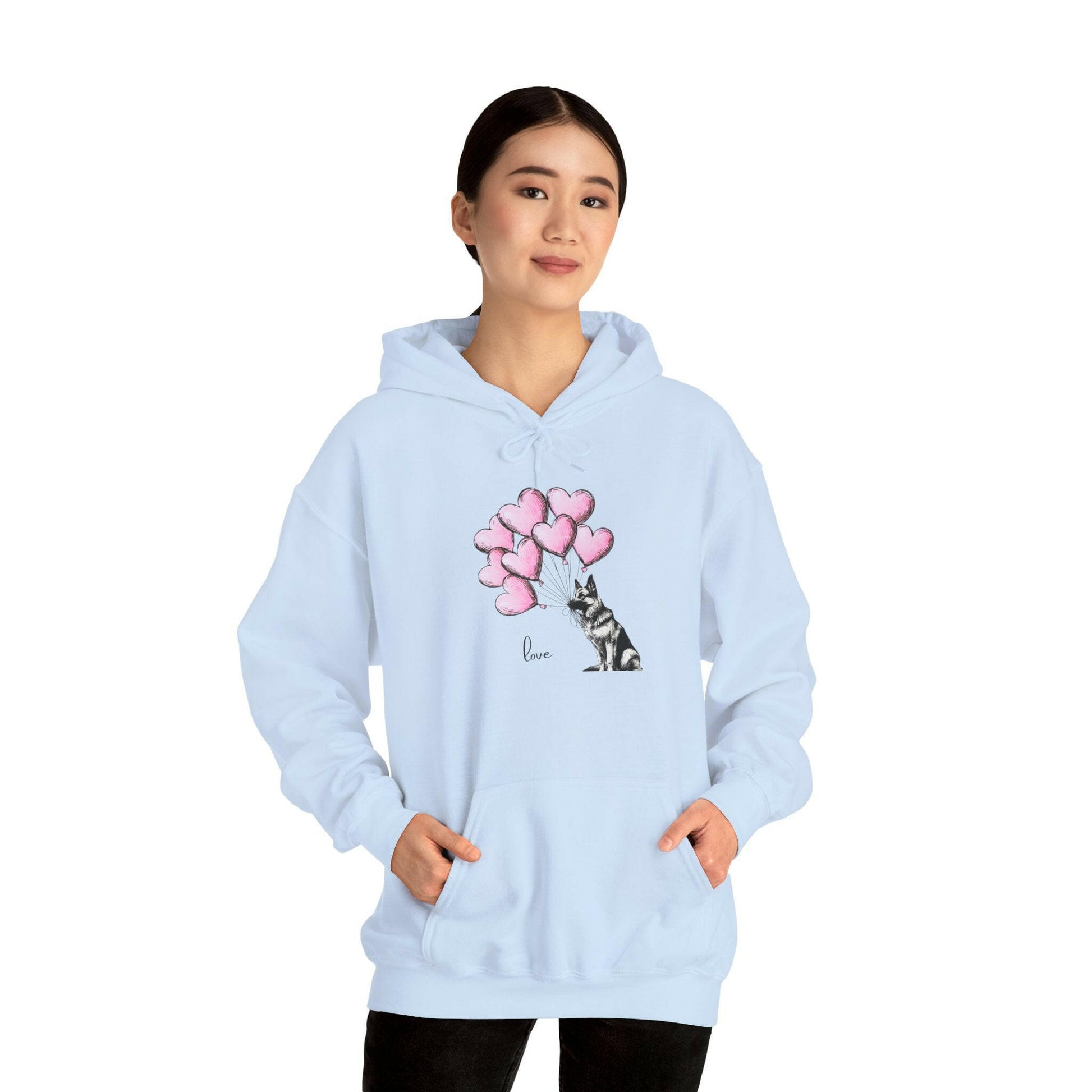 German Shepard Hoodie - Dog Holding Soft Pink Heart Balloons - Stompy Paws