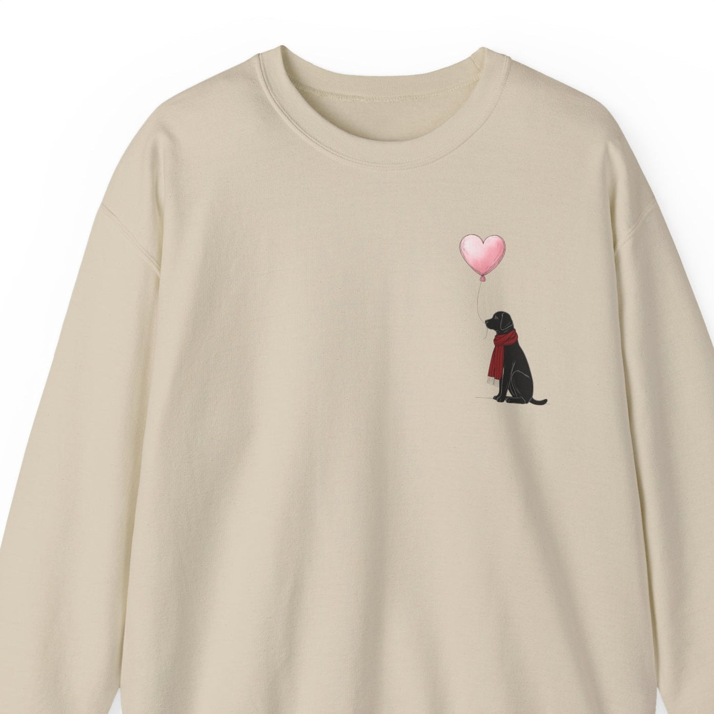 Beige sweatshirt with a Black Labrador dog and pink heart balloon design on a white background