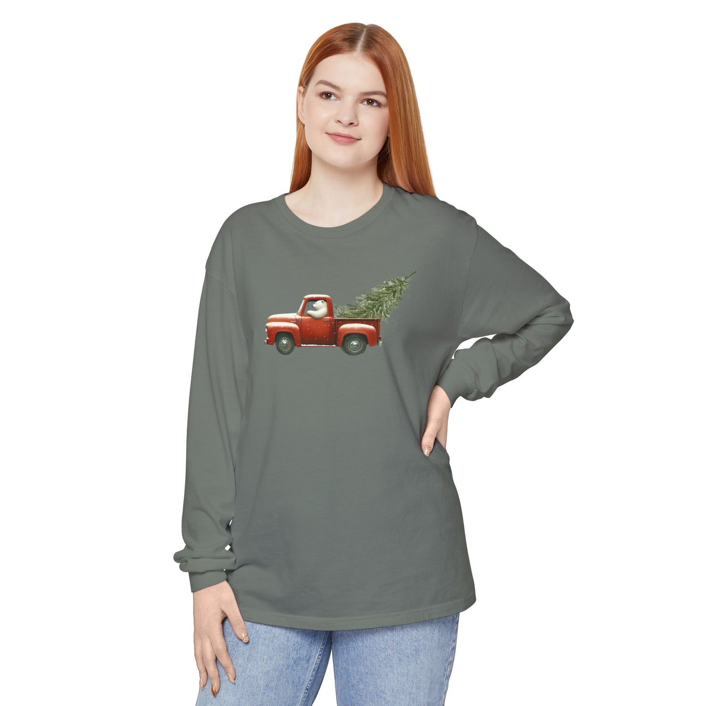 Snowy Christmas Ride, Polar Bear Red Truck Design Long Sleeve Tee