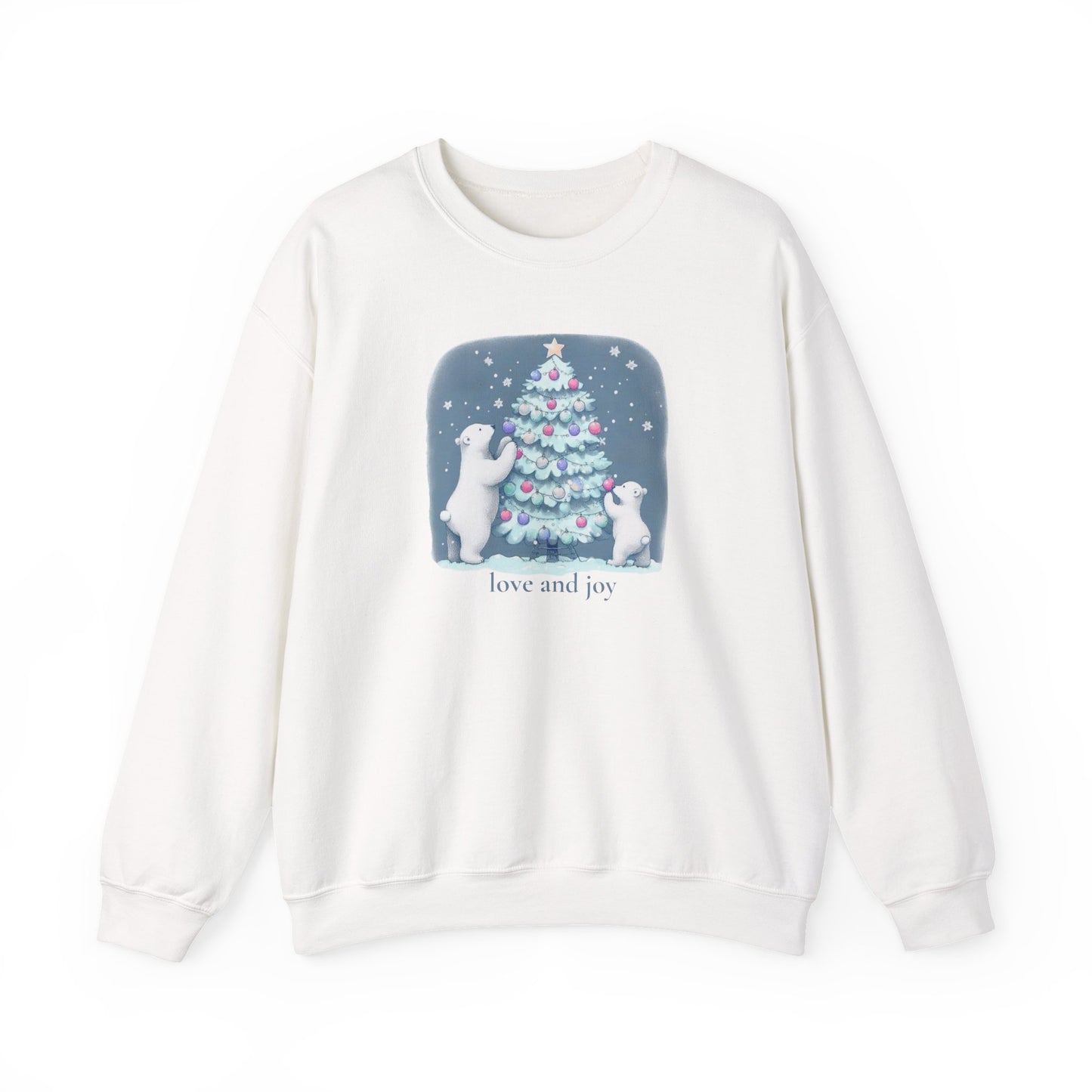 White sweatshirt with a Christmas tree and polar bear design on a white background