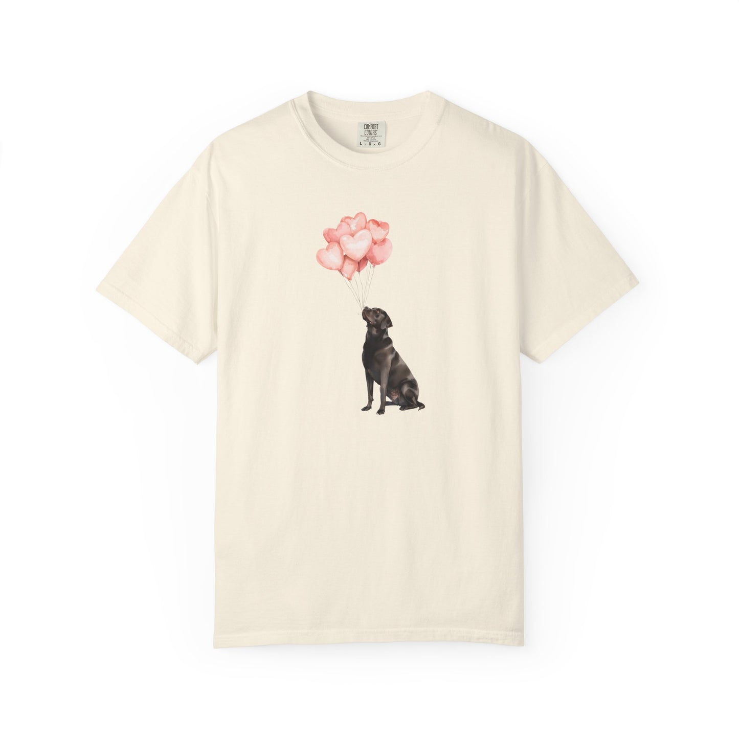 Black Labrador with Heart Balloons Comfort Colors Tee