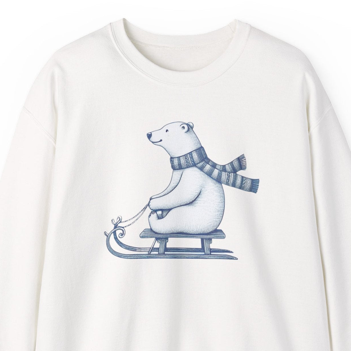 White sweatshirt with a polar bear design on a white background