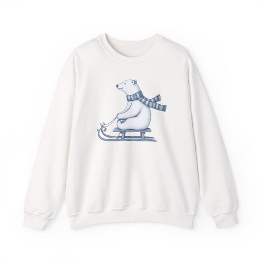 Sledding Polar Bear Sweatshirt, Cozy Winter Graphic Heavyweight Fleece