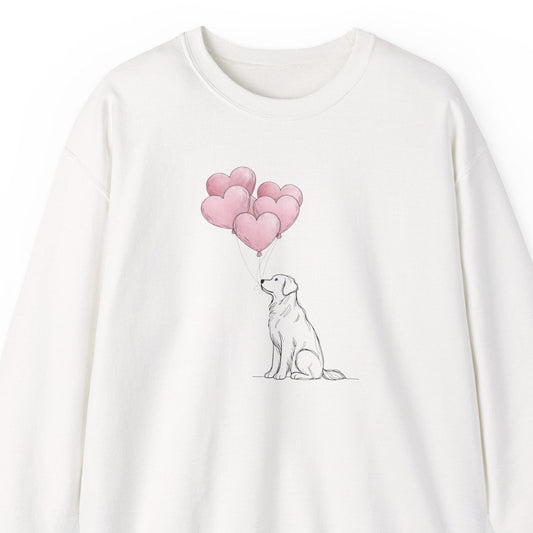 White sweatshirt with a Golden retriever dog and heart balloons design on a white background