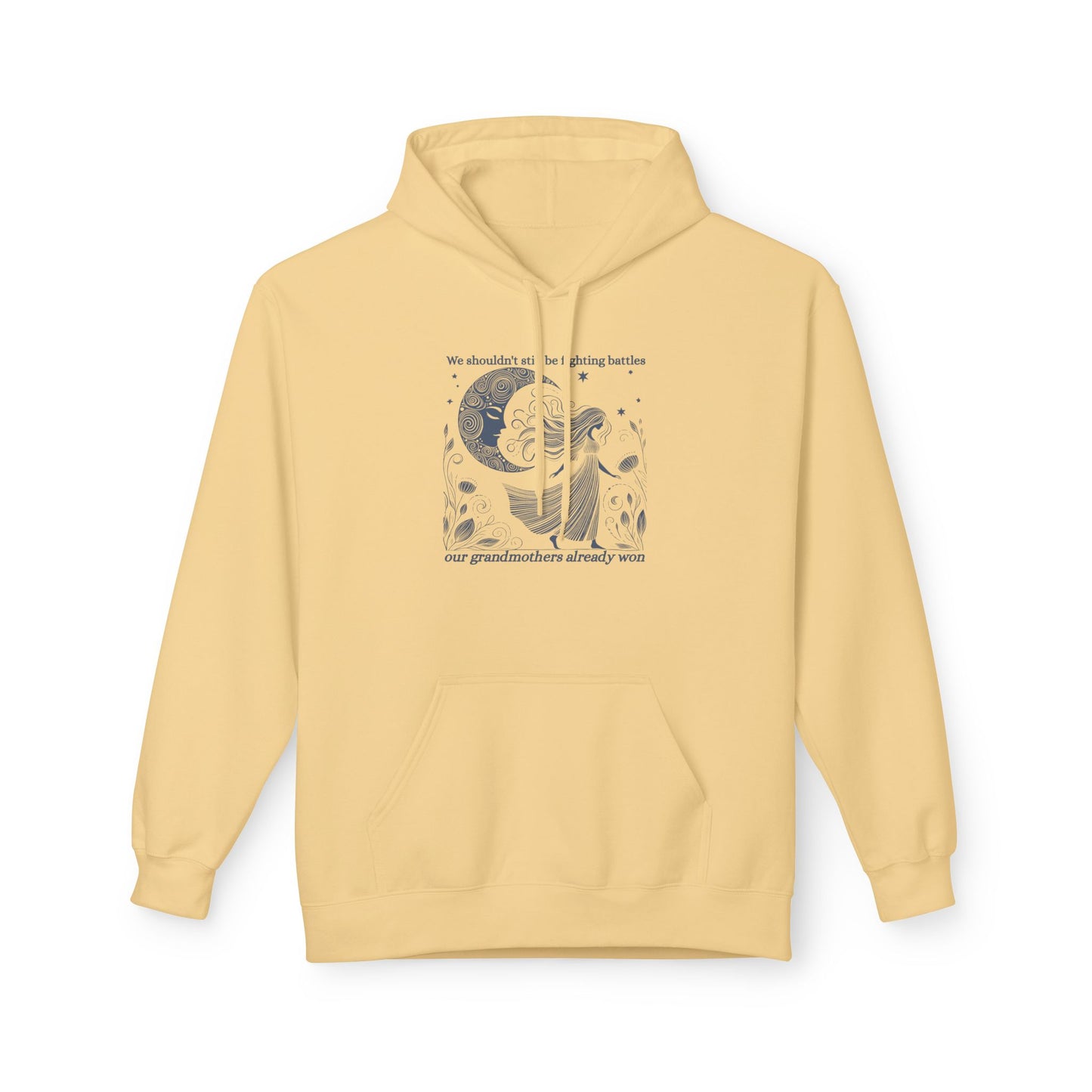 Yellow hoodie with a graphic design on a white background