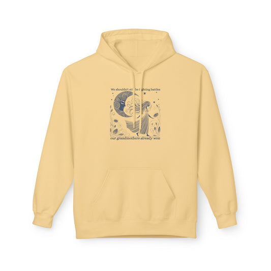 Yellow hoodie with a graphic design on a white background