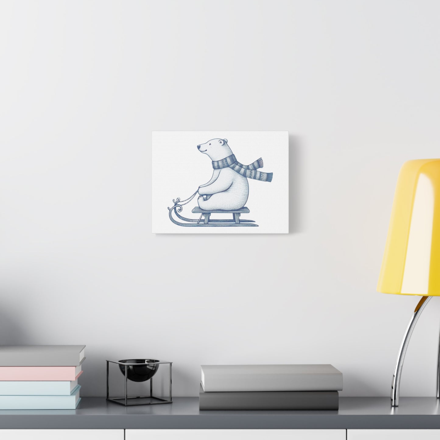 Polar Bear on Sled, Cozy Winter Wall Art, Nordic Christmas Canvas