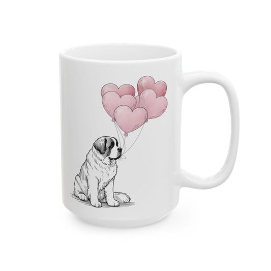 Saint Bernard with Heart Balloons Mug, 15 oz
