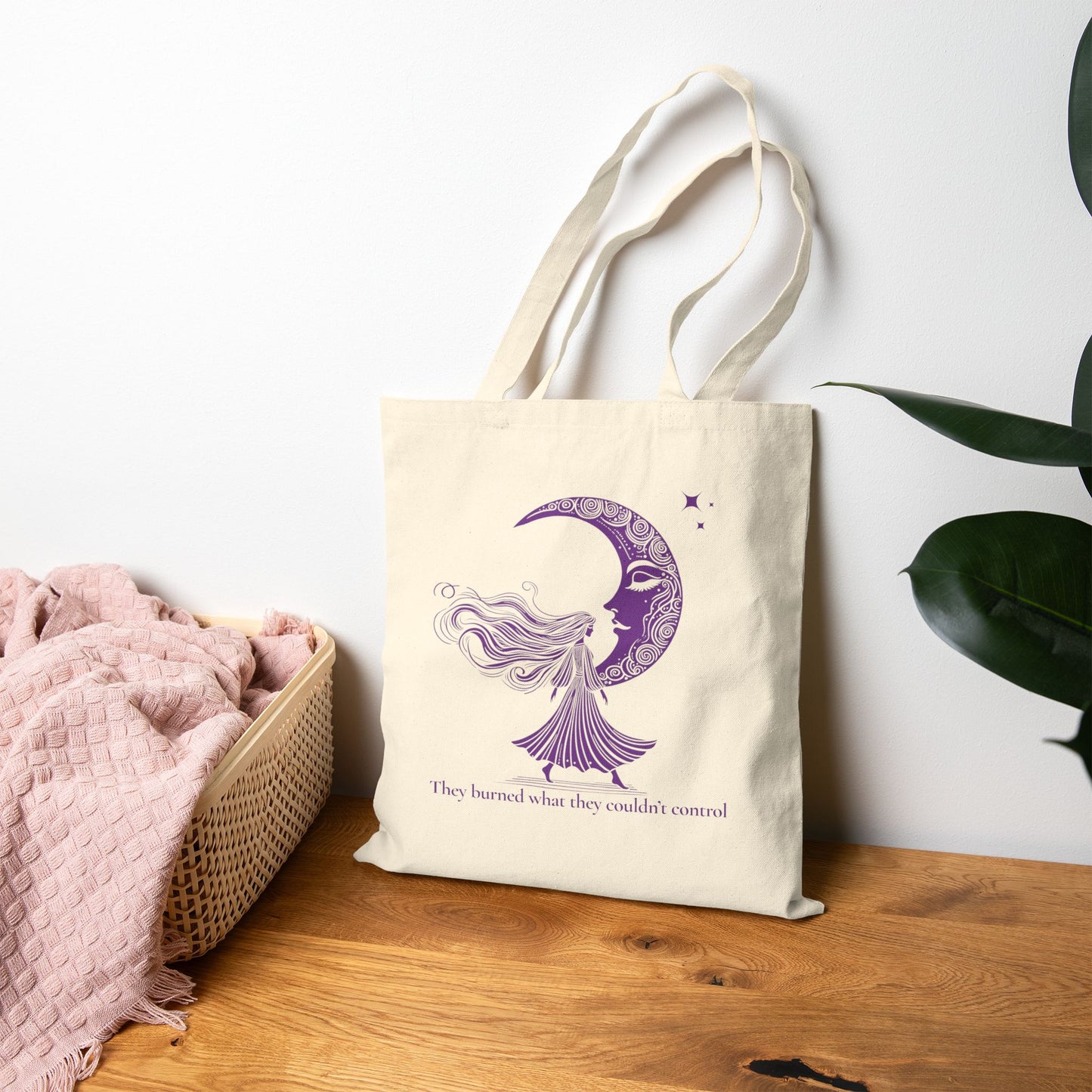 They Burned What They Couldn’t Control Tote Bag – Purple Moon Goddess Design, Feminist Witch Quote Canvas Tote
