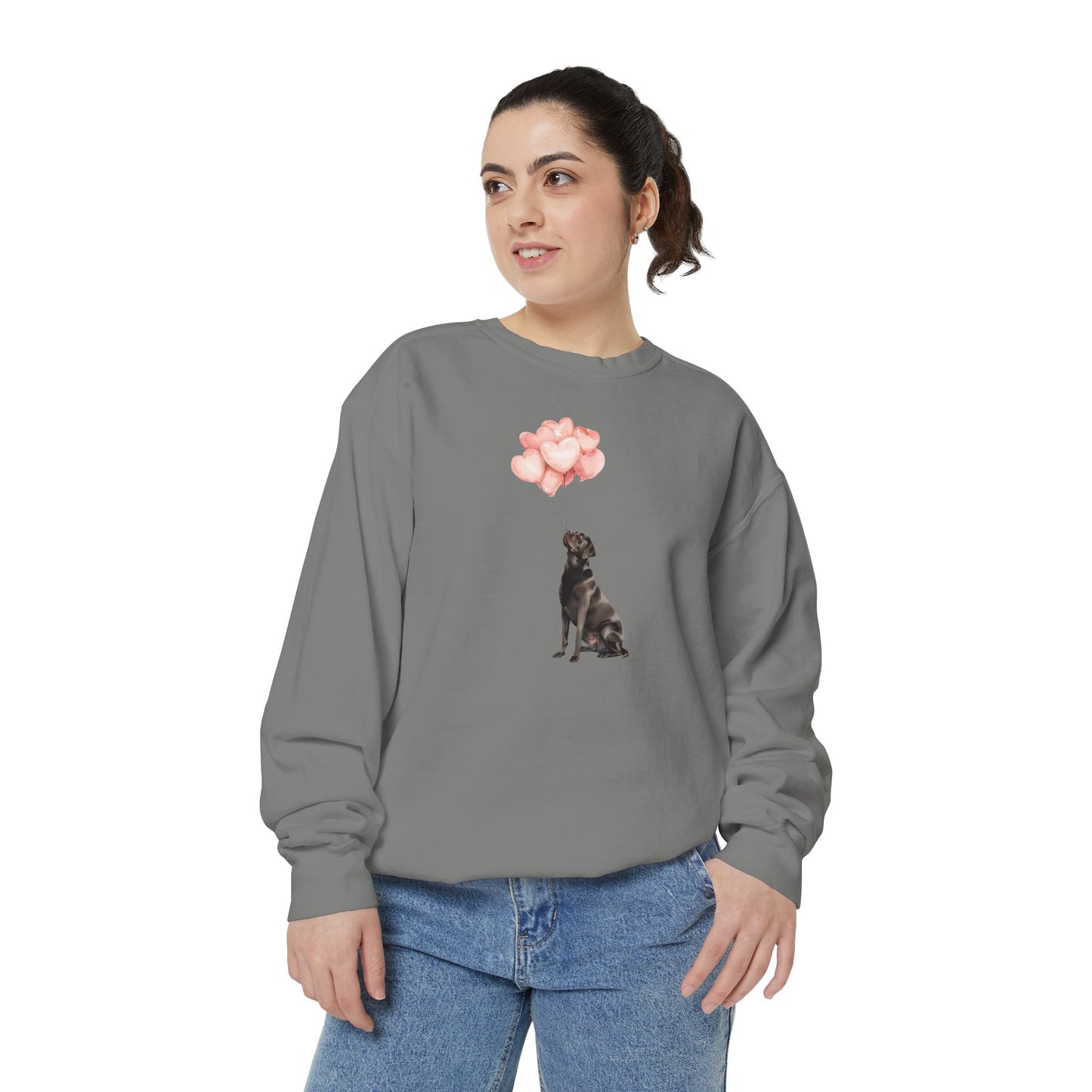 Black Labrador with Heart Balloons Comfort Colors Sweatshirt