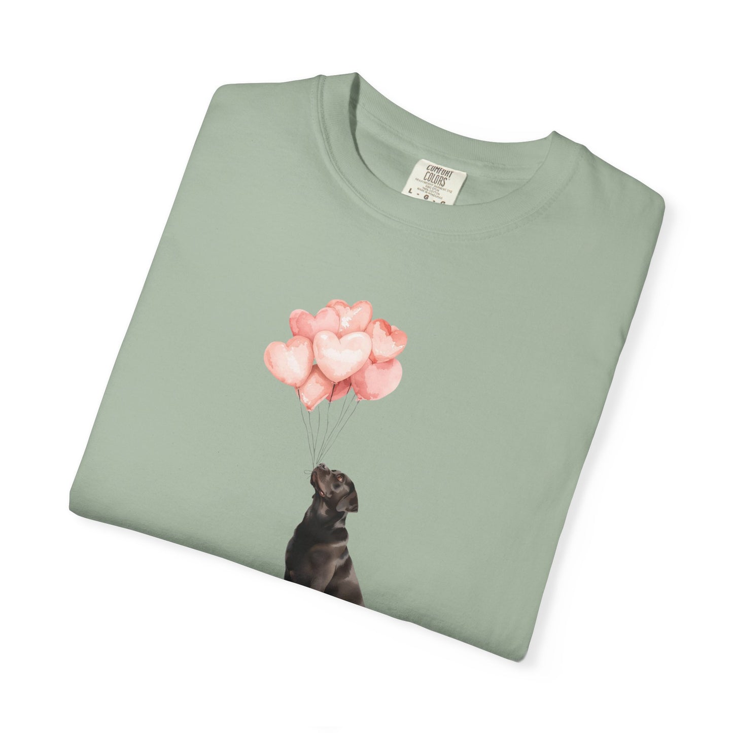 Black Labrador with Heart Balloons Comfort Colors Tee
