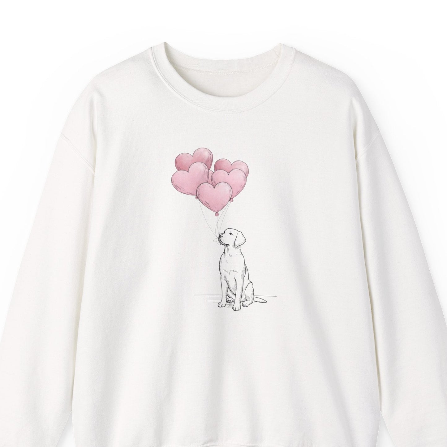 White sweatshirt with a Labrador dog and heart balloon design on a white background