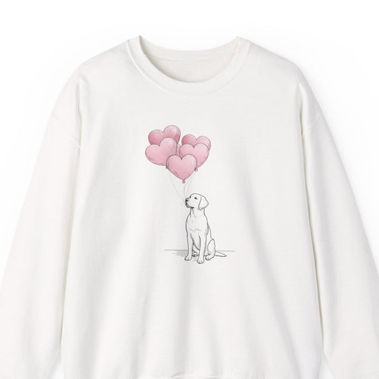 White sweatshirt with a Labrador dog and heart balloon design on a white background