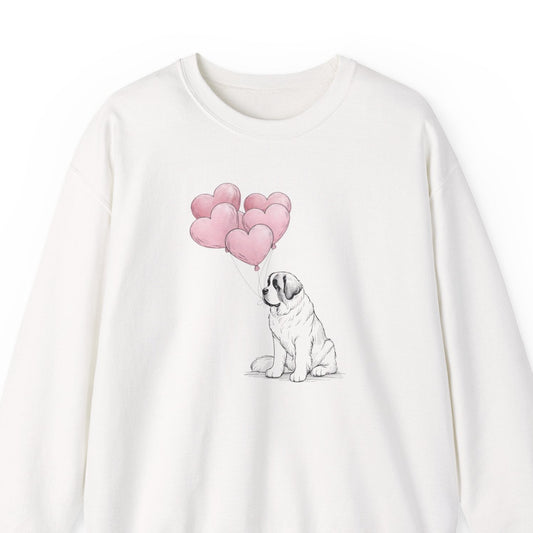 White sweatshirt with a dog and heart balloons design on a white background