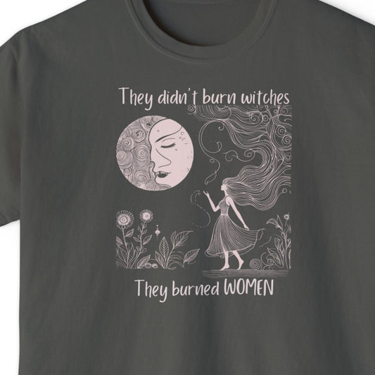 Dark gray t-shirt with a graphic design and text on a white background