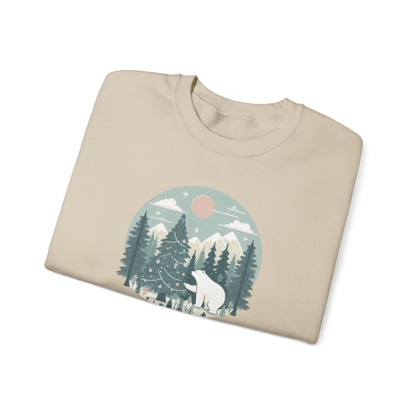 Polar Bear Decorating the Christmas Tree- Winter Forest Graphic Crewneck
