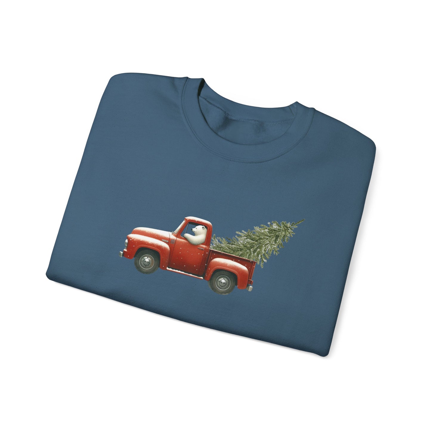 Snowy Christmas Ride, Polar Bear Red Truck Design Sweatshirt